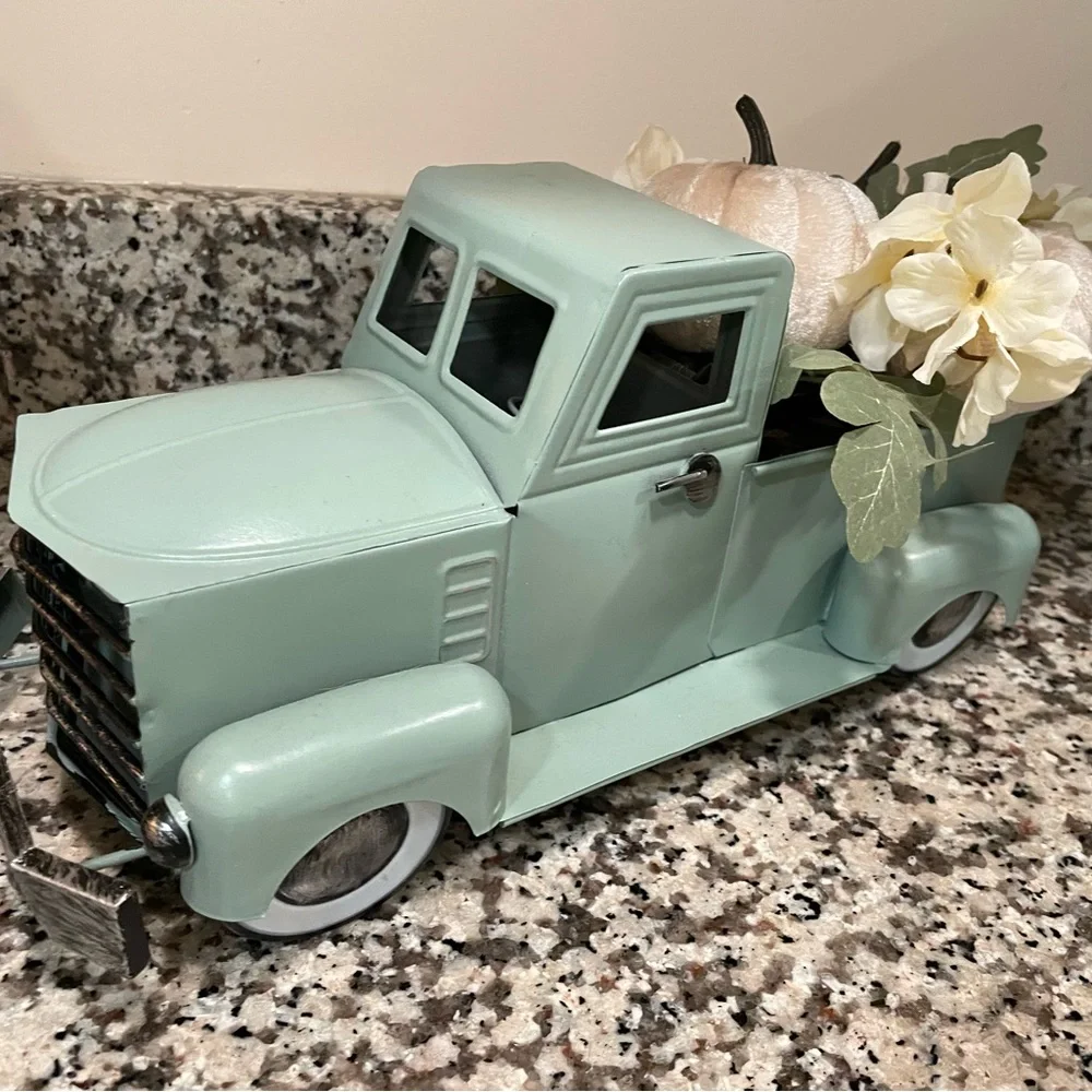 Sage green pick up truck fall decor fabric pumpkins flowers Thanksgiving NEW - Picture 3 of 3